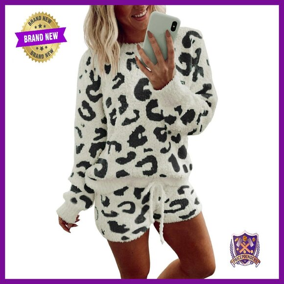 Cozy Fuzzy Fleece Pajama Set Long Sleeve Top & Shorts Lounge Wear